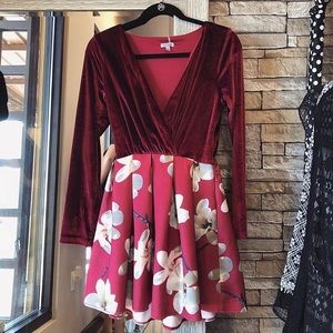 Velvet burgundy V-neck dress floral bottom print